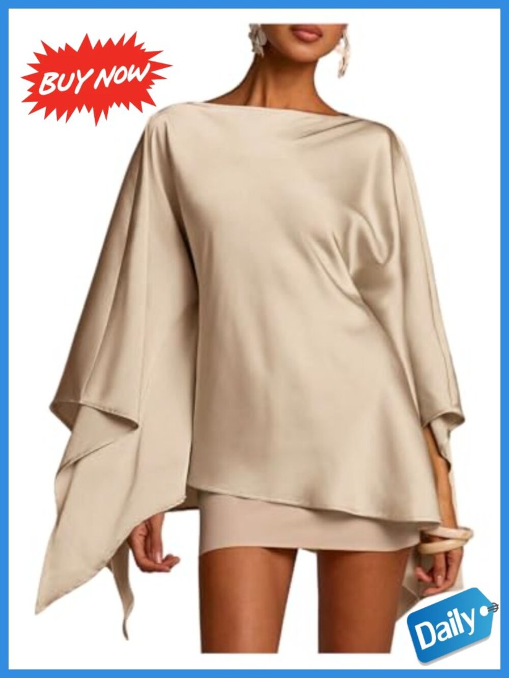 Satin Asymmetrical Poncho Blouse Boat Neck 3/4 Sleeve Cape Top